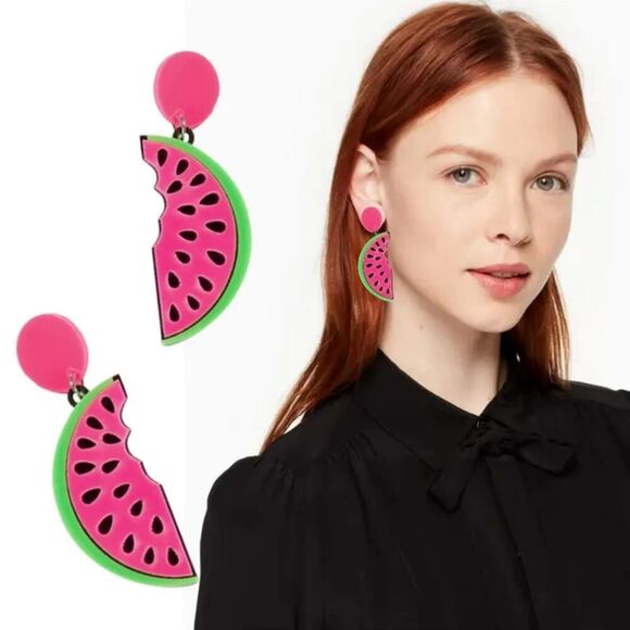 Pink Watermelon Acrylic Earrings Fun & Fruity Statement Jewelry - Picture 3 of 5